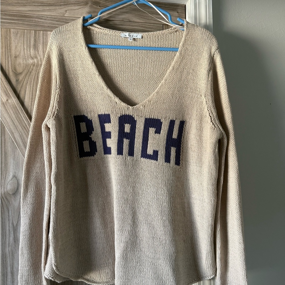 Miracle Beige V-Neck Sweater with Navy Print